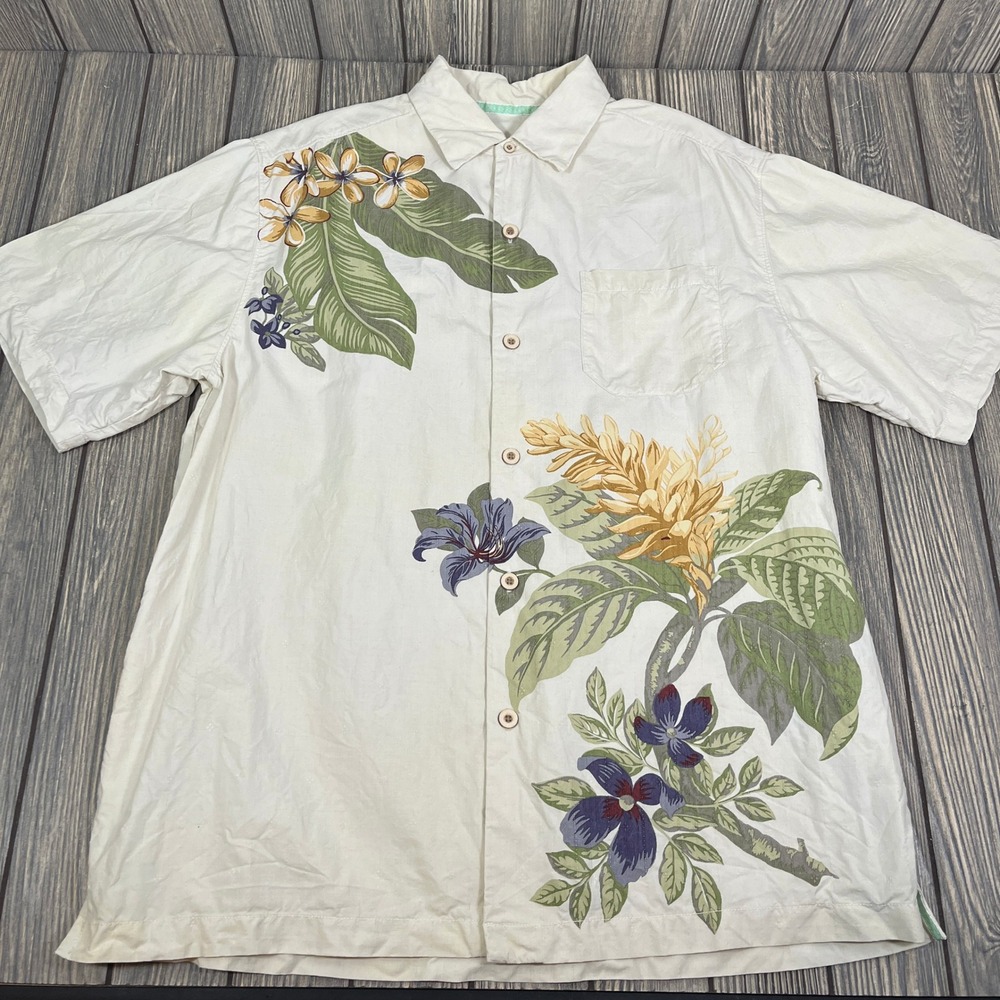 Tommy Bahama Silk Button Up Shirt Men Size M Ivory Floral Original Fit Aloha